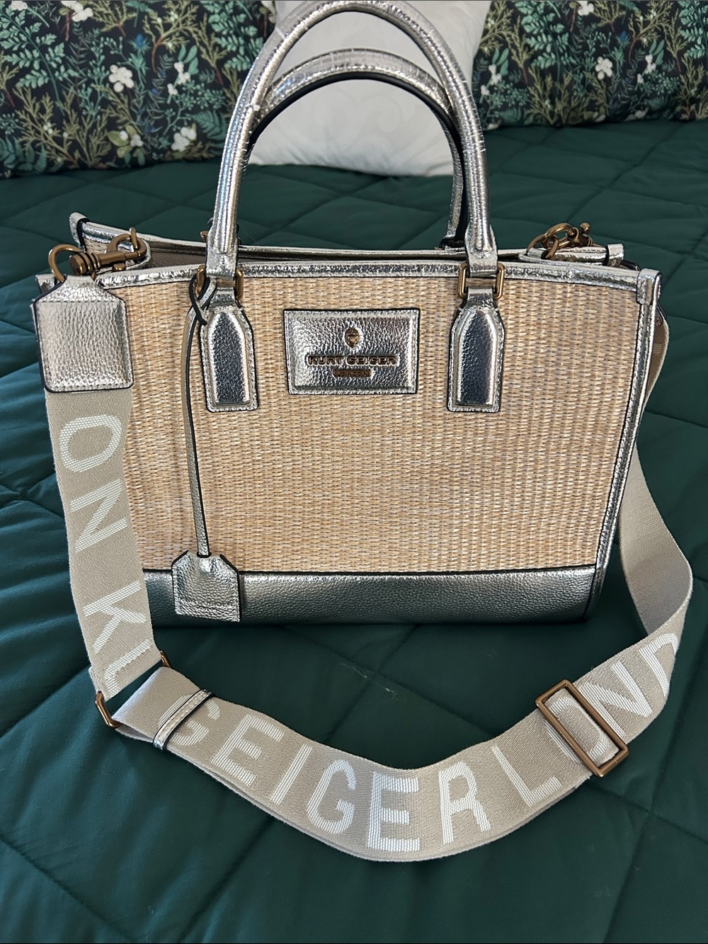 Kurt Geiger Tan Woven Satchel with Silver Metallic Trim and Branded Strap
